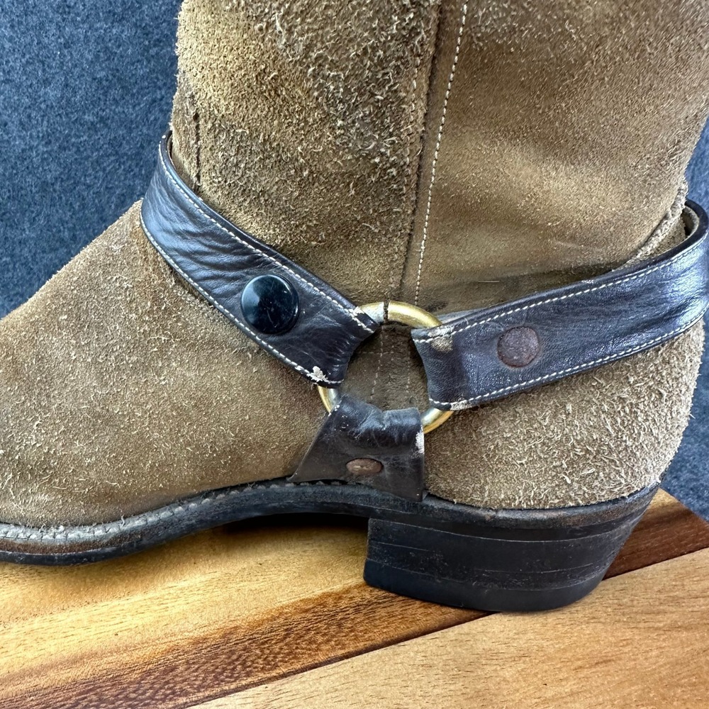 Vintage 1970s Mens Tan Suede Harness Boots Square Toe Brown Leather Straps 9.5 - Picture 10 of 12